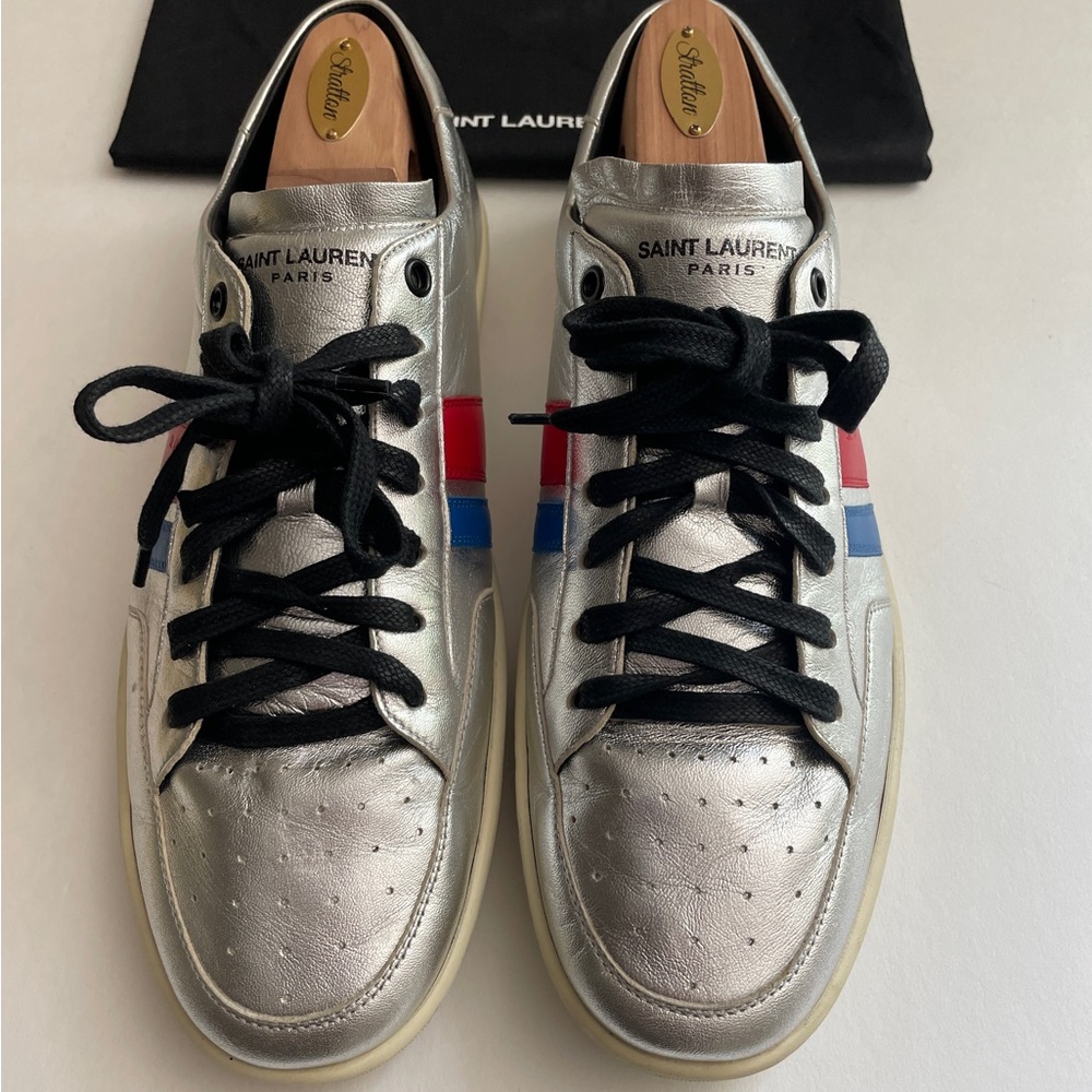 Saint Laurent Silver Sneakers “SL/04” with Red and Blue Stripes.